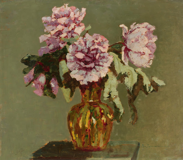 Peonies and small yellow flower vase 1932