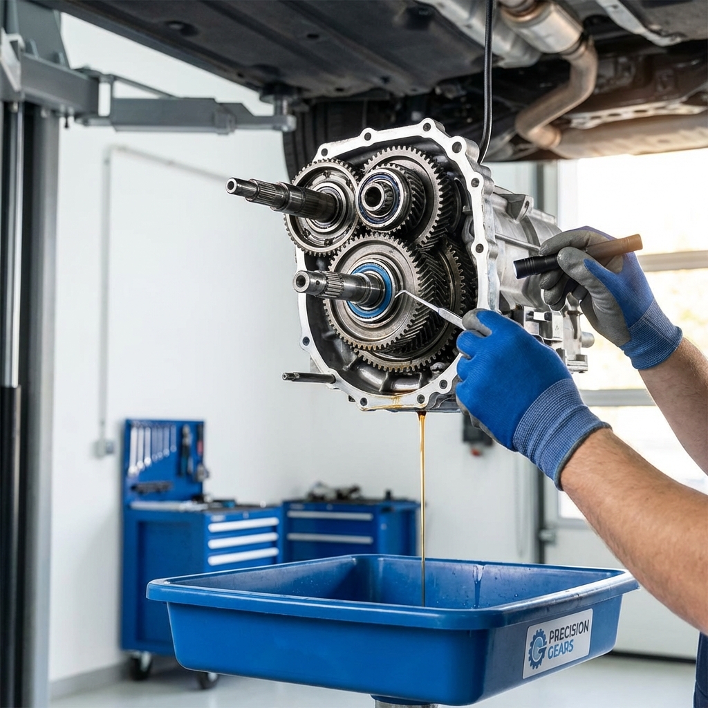 Close up of mechanic inspecting a car transmission and oil under a lift for honda cr v for sale near me listing, clean minimalist workshop, warm lighting