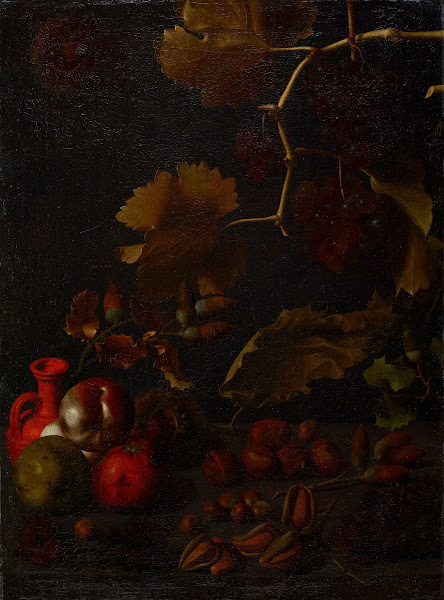 Still life with grapes apples chestnuts almonds acorns and a red clay bottle 17t