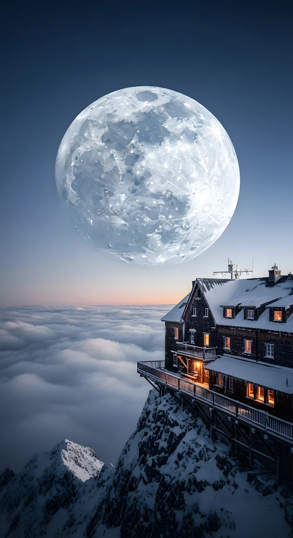 Alpine Hut Above Clouds Under a Gigantic Full Moon
