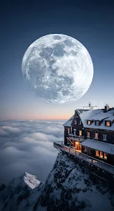 Alpine Hut Above Clouds Under a Gigantic Full Moon