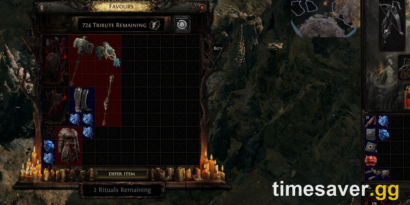PoE2 Ritual Favours page showing Tribute remaining and reward items to spend on