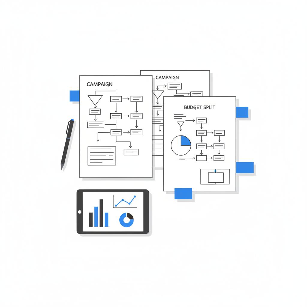 Overhead 2D vector of a minimalist workspace with campaign flowcharts, blue sticky notes (#1a5bfb), a pen and tablet showing simple analytics &mdash; illustrates lead generation agency cost planning