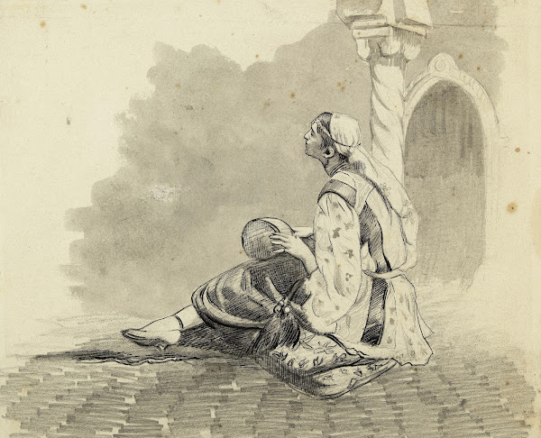 Femme mauresque assise devant une colonne torsadée