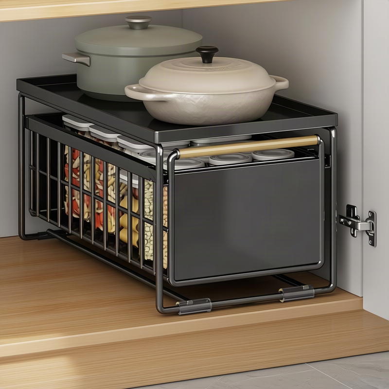 Pull-out under-sink shelf made of metal