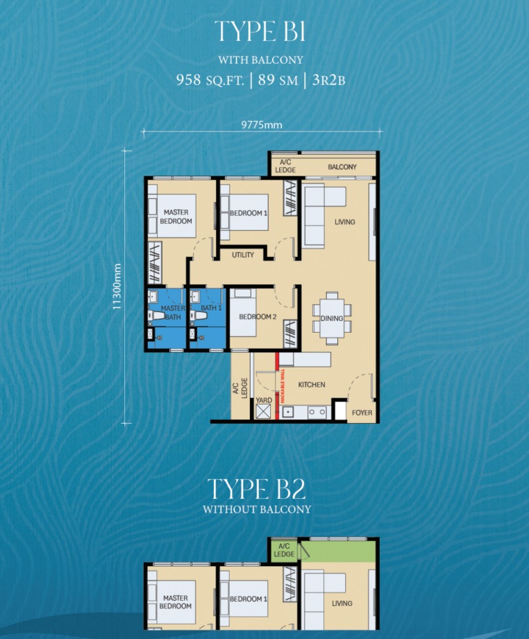 D'Evia Type B1 floor plan — 879 sq ft, 3 bedrooms