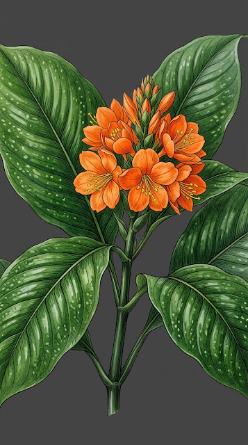 Classic Botanical Art with Tropical Green Leaves and Orange Flowers - Free mobile Wallpaper