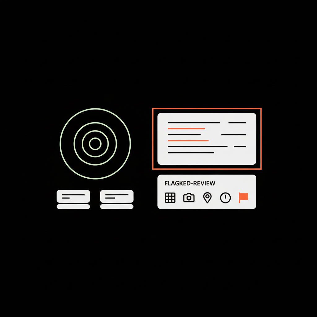 Minimal 2D vector dashboard infographic showing review counts and a highlighted flagged review with evidence icons, illustrating how to stop people from leaving Google reviews