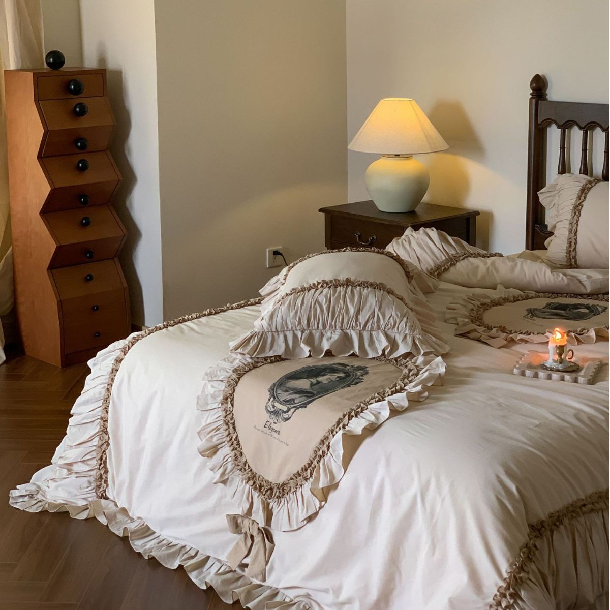 French Vintage Bedding Set, Cotton, with Ruffles