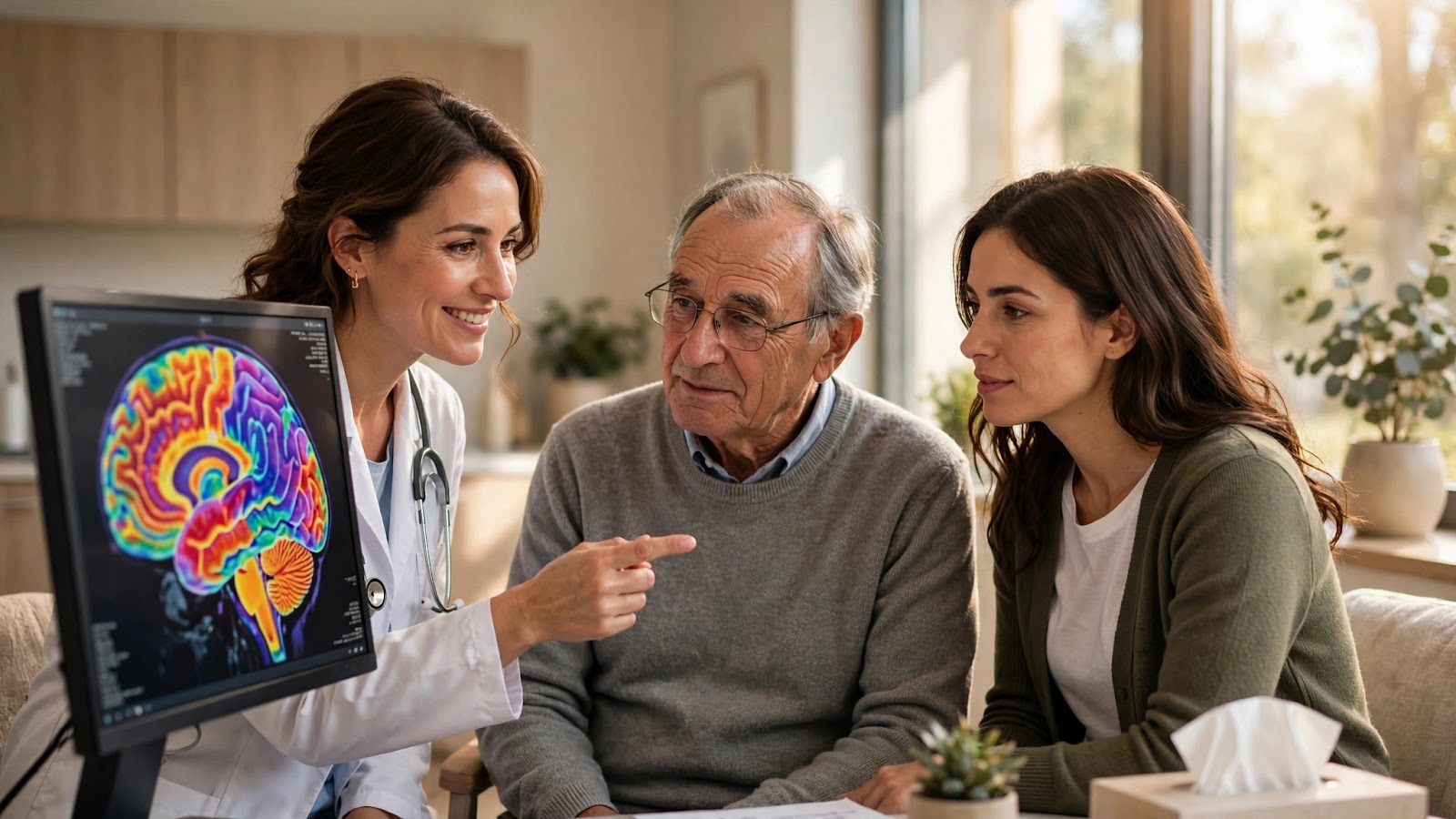 Doctor showing a colorful brain scan to an elderly patient and his daughter during a neurology consultation