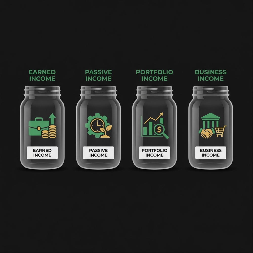 Minimalist full frame illustration of four jars representing streams of income with simple icons for earned passive portfolio and business income on a dark background