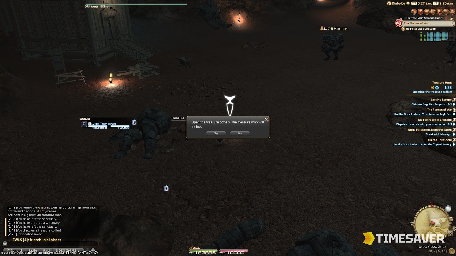 Opening a treasure coffer inside a FFXIV treasure dungeon — the dig-and-loot step where the gil and materia drop