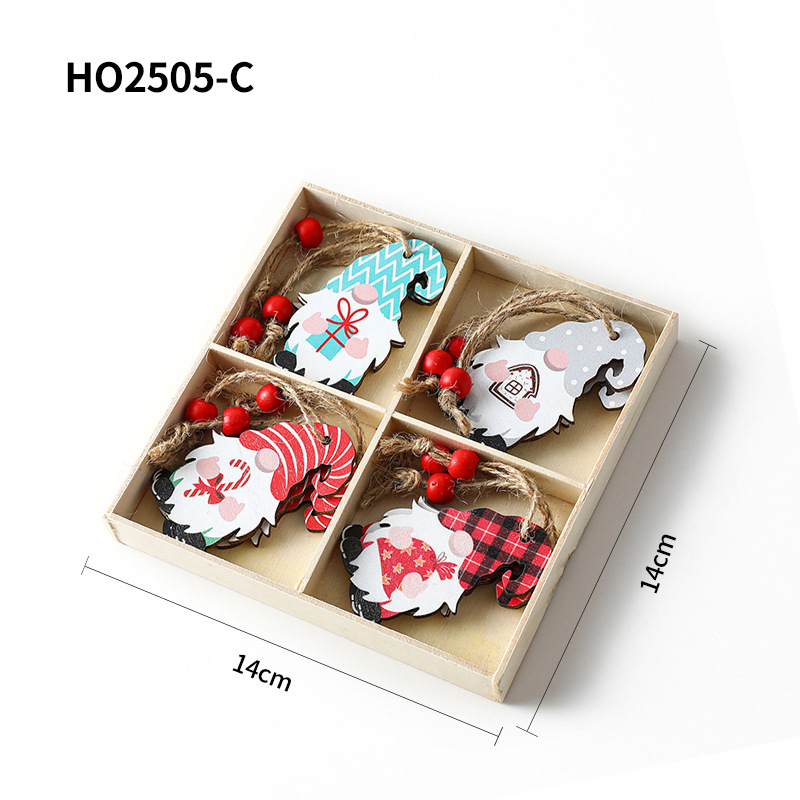 Christmas Wooden Ornament Set, 4-piece box with gnome motifs