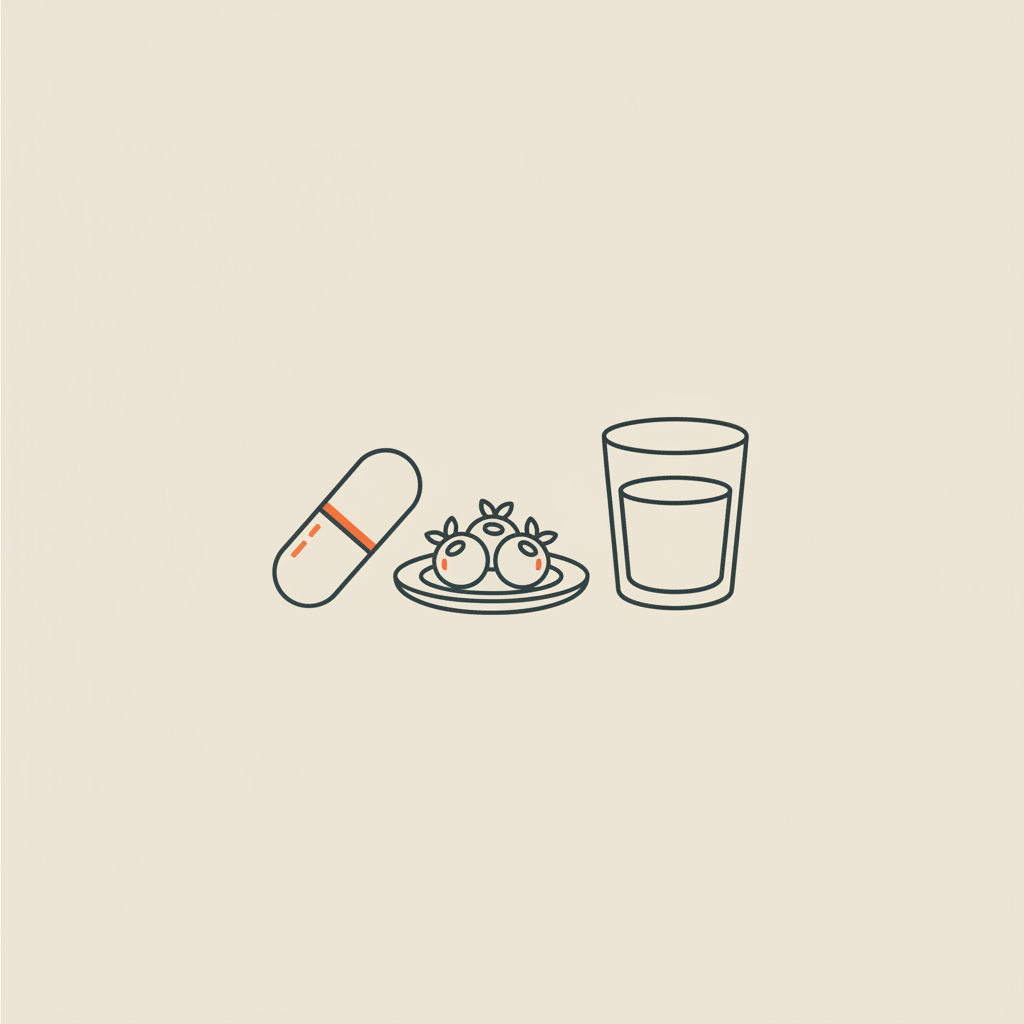 Minimal Tonum-style line art of a capsule, plate with berries, and a glass of water on a beige background, illustrating the question: is Ozempic safer than phentermine