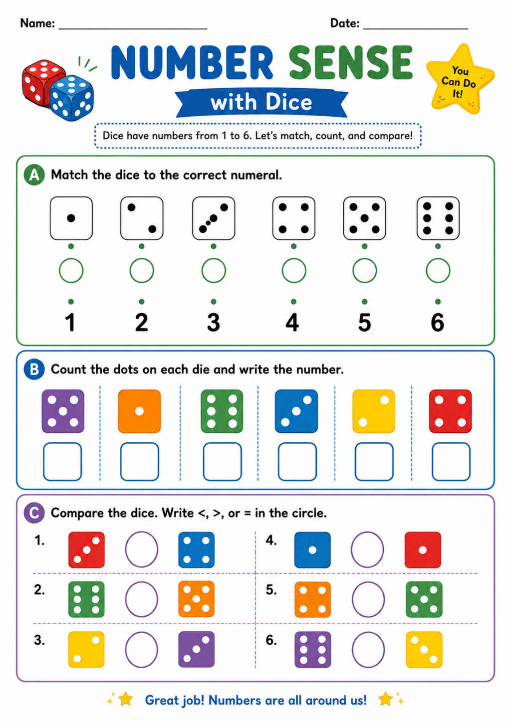 Number Sense with Dice Worksheet