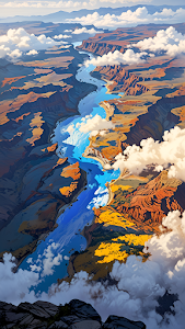 Vibrant Canyon River Aerial View Stylized Painting