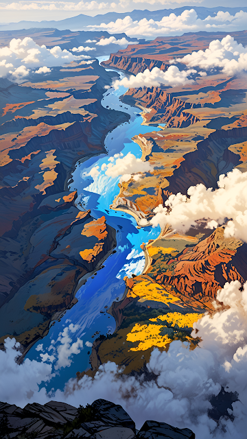 Vibrant Canyon River Aerial View Stylized Painting - Free mobile Wallpaper