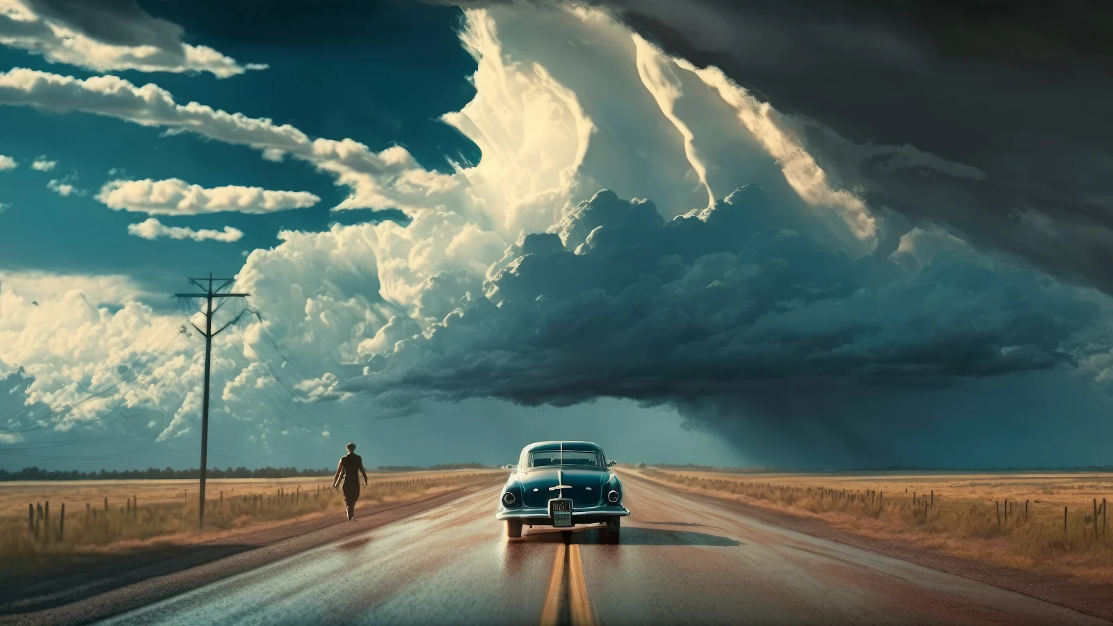 Ai Art, Illustration, Road, Car, Clouds 4K Desktop Wallpaper