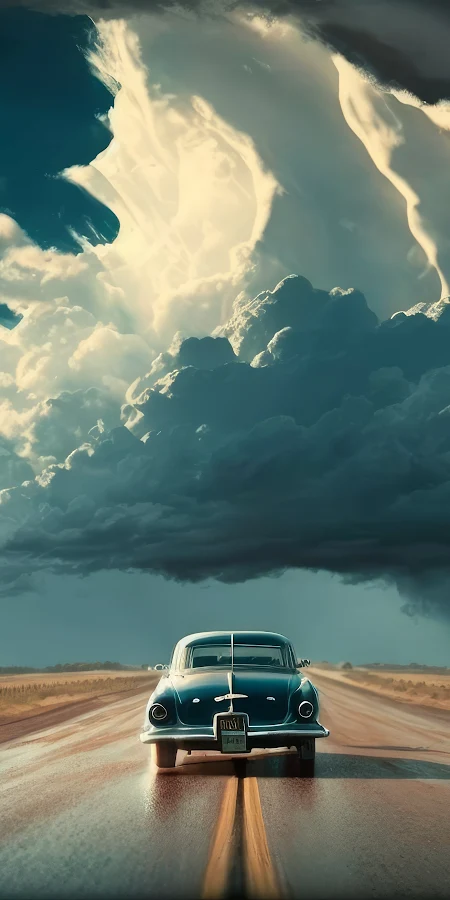 Ai Art, Illustration, Road, Car, Clouds 4K Phone Wallpaper