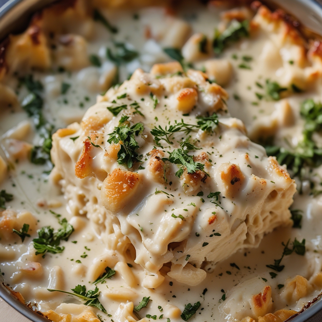 High-Protein Chicken Alfredo Bake for Easy Low-Carb Meal Prep with Creamy, Cheesy Goodness finished