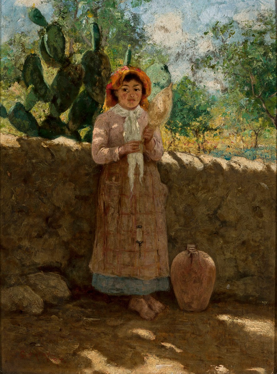 Vincenziana  girl with a distaff against a wall 1894