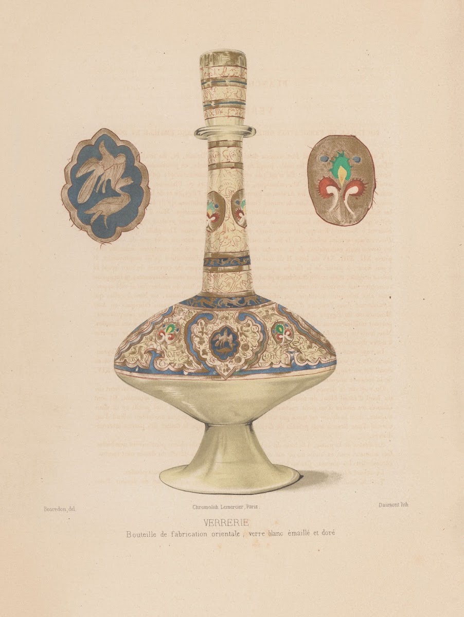 Bouteille de fabrication orientale verre blanc emaillé et doré 1859 1864