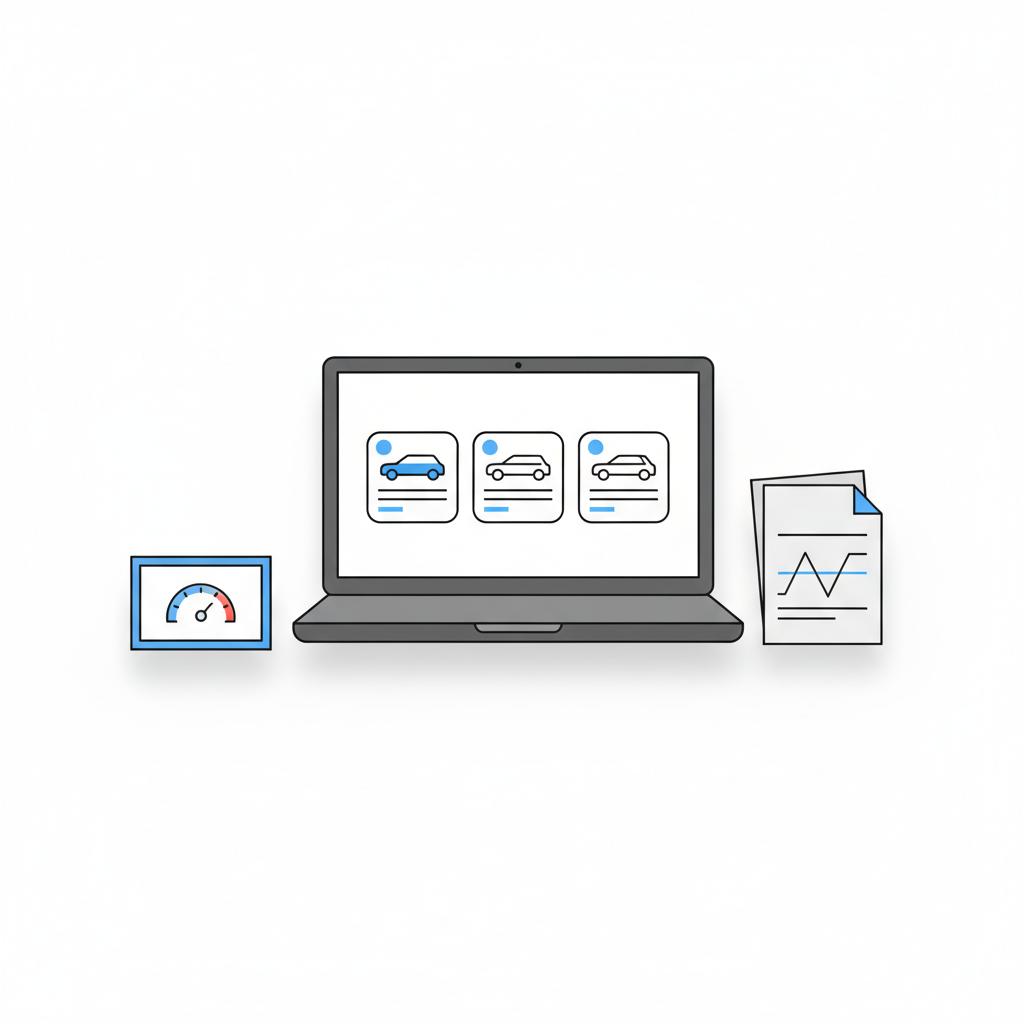 Minimal 2D vector of a laptop with car listing cards printed comps and an odometer photo representing actual cash value car valuation on white background