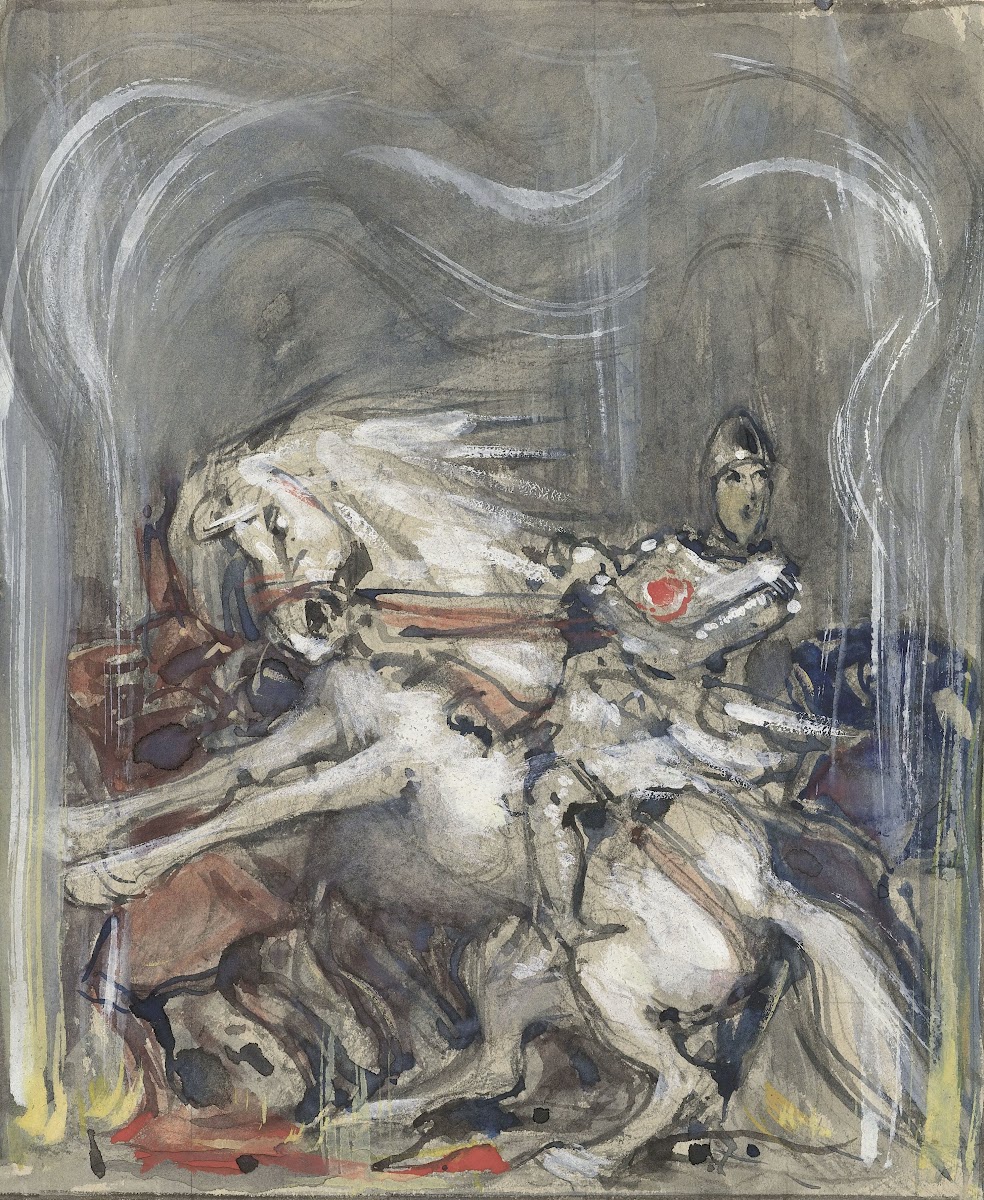 Ruiter op steigerend paard 1908