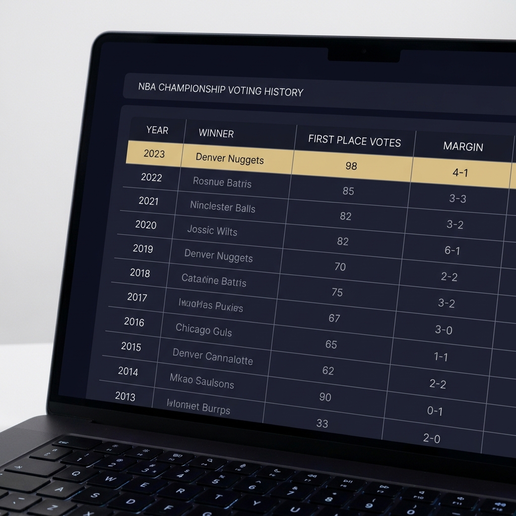 Close up of a laptop ledger showing voting totals table for nba mip odds with columns year winner first place votes and margin minimalist Funded Plays dark navy background pale gold highlights