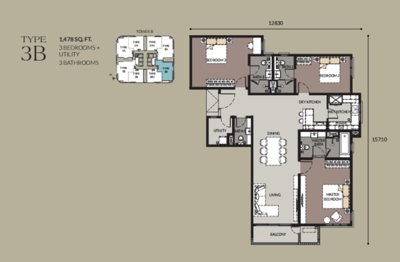 Bangsar Hill Park – Tower B and C Type 3B floor plan — 1478 sq ft, 3 bedrooms