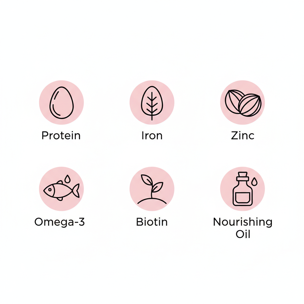 Vektor-Infografik mit Icons zu Protein, Eisen, Zink, Biotin, Omega-3 und Pflegeöl – Was essen um Fingernägel zu stärken