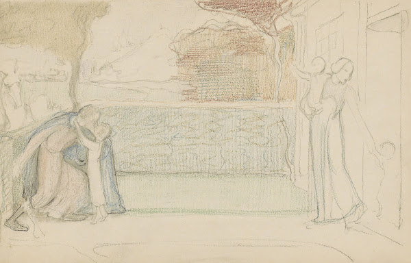 Moeder en kinderen die een bezoeker verwelkomen in een voortuin 1889   1894
