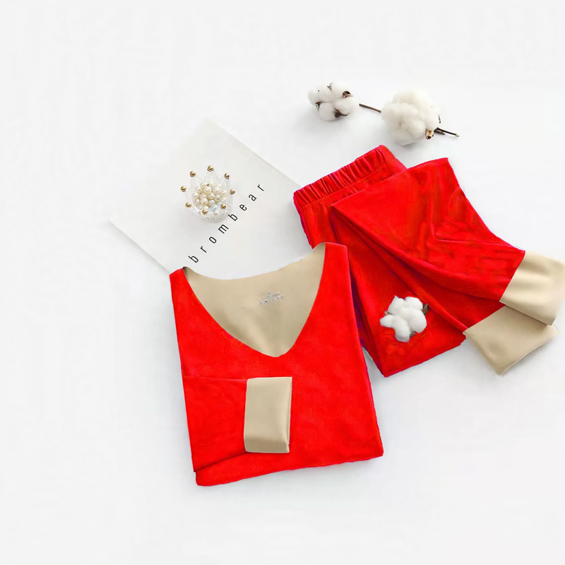 Thermal underwear set with V-neck, double-sided lined