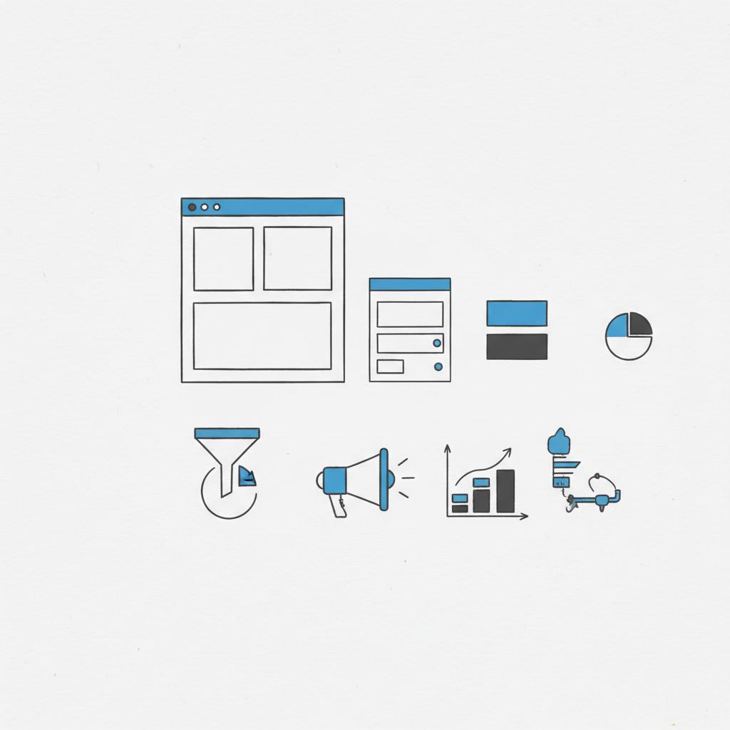 Minimalist 2D vector flat-lay of marketing tools: sketch project page, color swatches, ad megaphone and lead funnel icons on white paper with blue and dark-gray accents &mdash; how much does Houzz cost per month