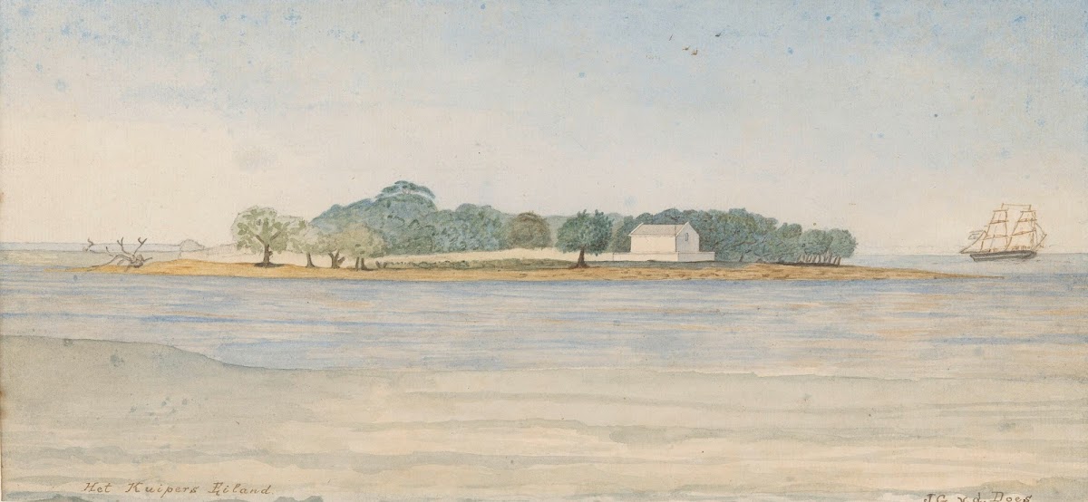 Gezicht op het eiland Kuiper in de baai van Batavia 1843   1845