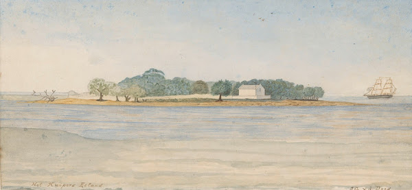 Gezicht op het eiland Kuiper in de baai van Batavia 1843   1845
