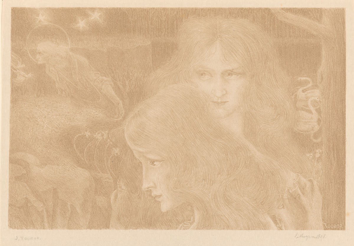 Twee jonge vrouwen zwanen en een zaaiende oude man 1898