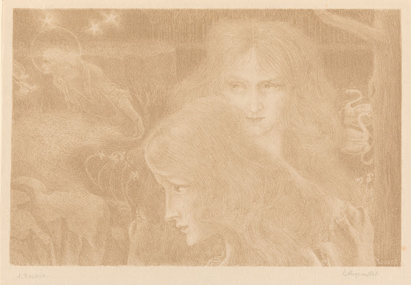 Twee jonge vrouwen zwanen en een zaaiende oude man 1898
