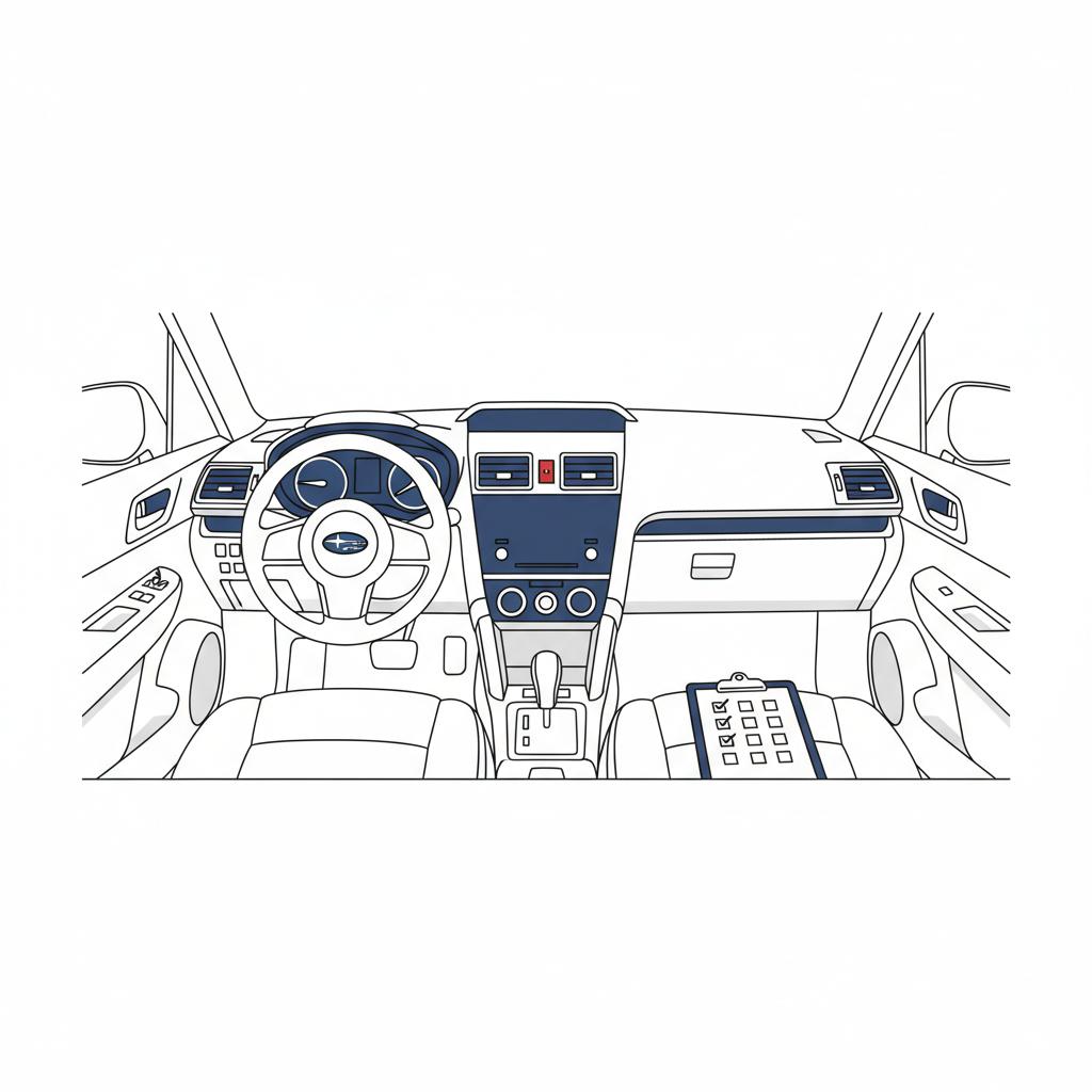 Minimalist 2D vector interior of a Subaru Forester for sale showing dashboard center console and diagnostic tablet on passenger seat in white and blue CarFax Deals colors