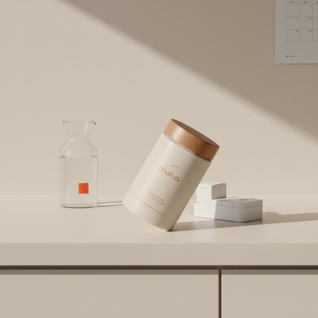 Do Ozempic pills work? Neutral kitchen counter with a Motus container, a prescription pill box and a glass water carafe in minimalist Tonum style, accent #EF5023.