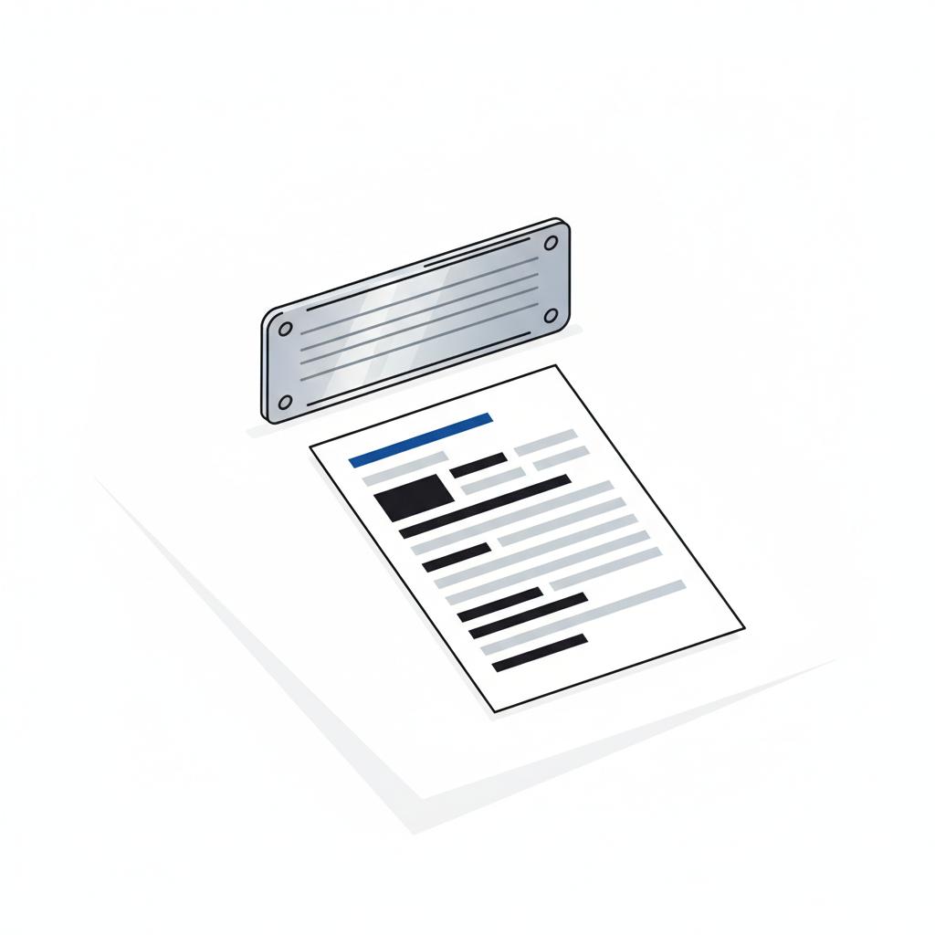 Minimal 2D vector close up of a VIN plate beside a printed vehicle history report on a white table with blue accents suggesting verification bentley bentayga for sale