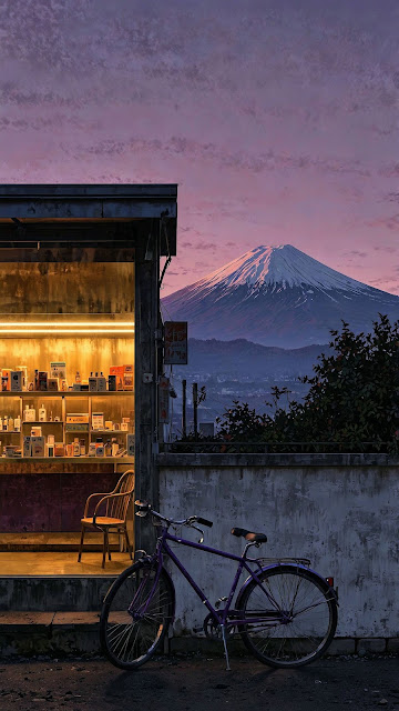 Twilight View of Mount Fuji, Purple Bicycle, Japanese Store - Free mobile Wallpaper