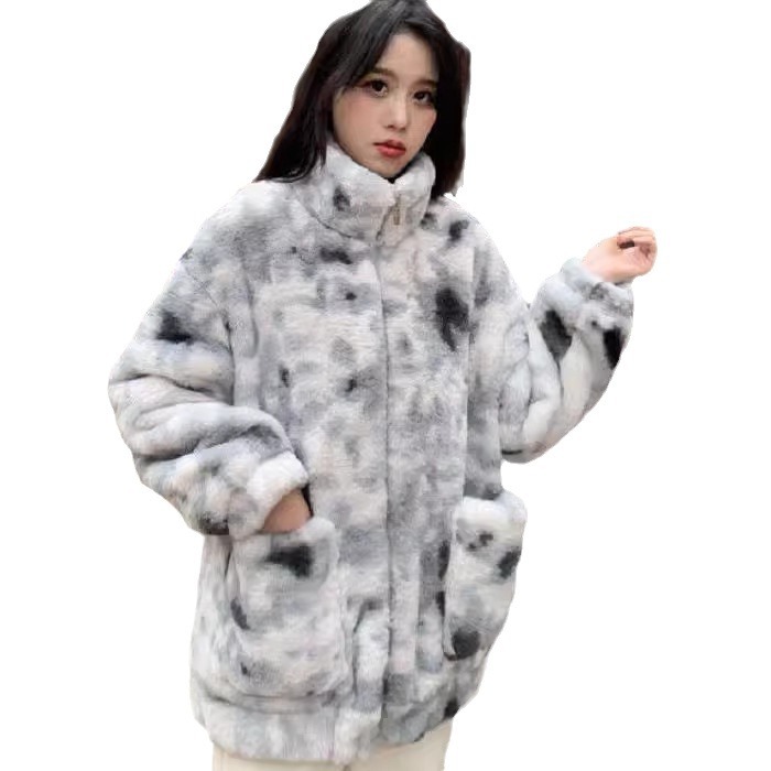 Padded lamb fleece imitation jacket, abstract design