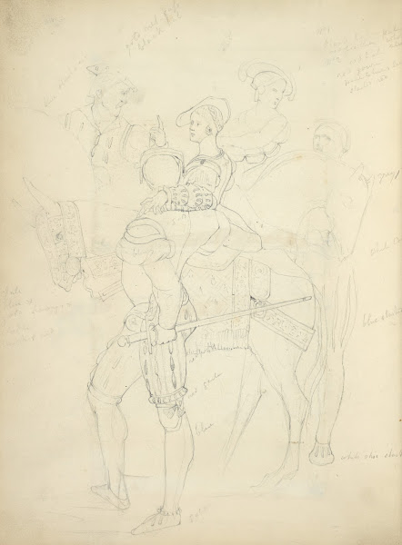 Woman on horseback with man standing beside her with arm around her waist views