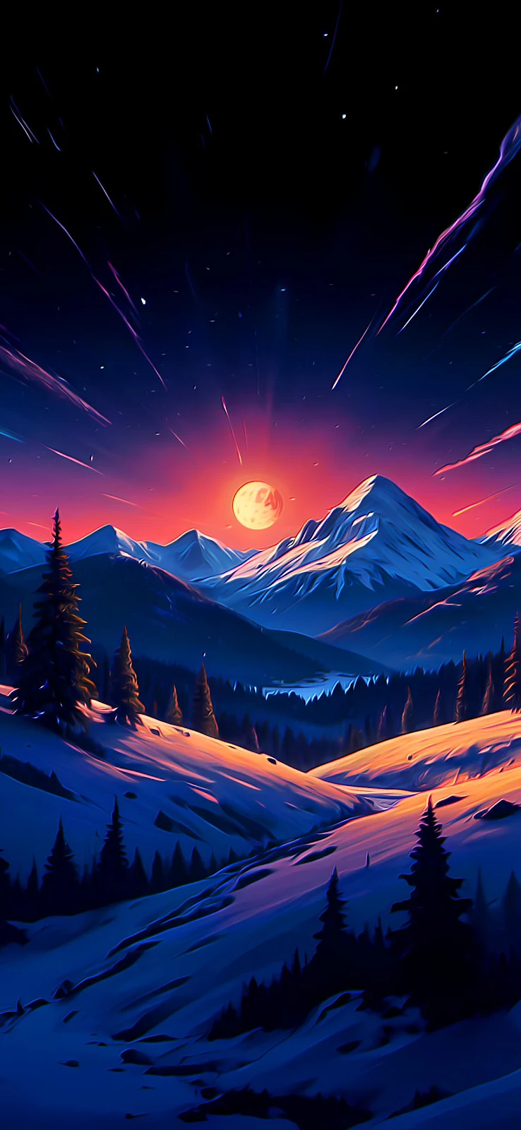 Vibrant Winter Mountain Nightscape - Vibrant Digital Art Full HD iPhone Wallpaper (1179x2556)