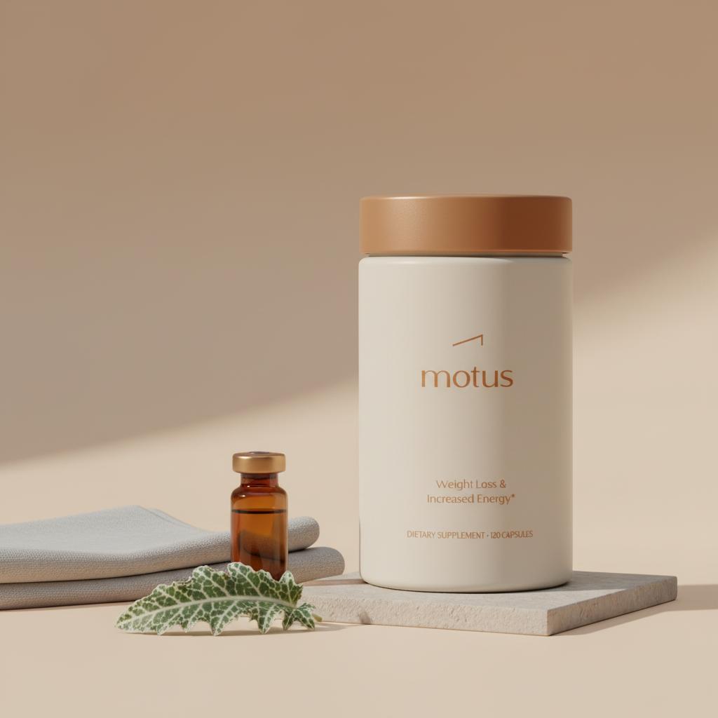 Minimalist product photo of Tonum Motus container with folded lab cloth, amber supplement vial and milk thistle leaf on beige background, evoking liver detoxing and clinical wellness.