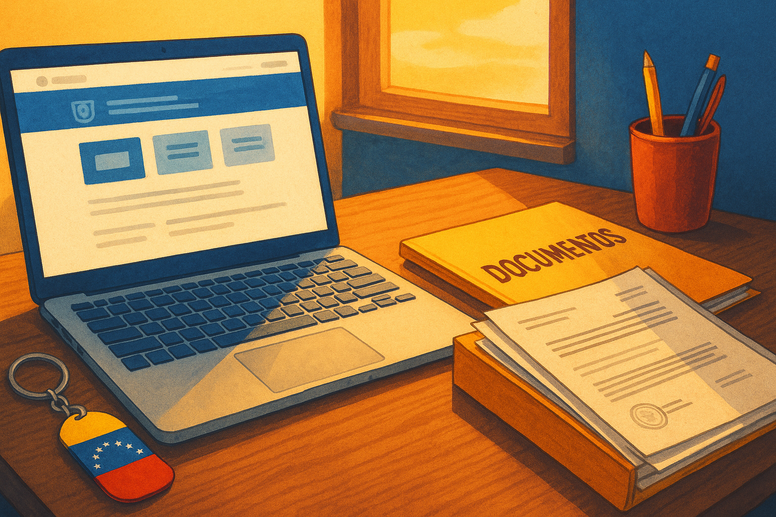 Carpeta con documentos y laptop para apostilla electrónica venezolana
