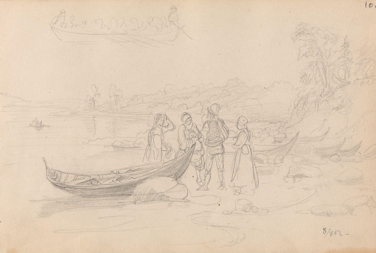 Figurer og båt på stranden Leksand 1852