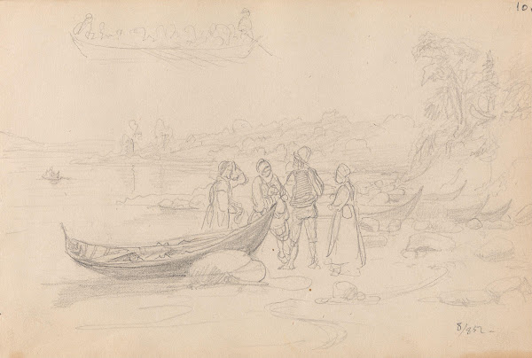 Figurer og båt på stranden Leksand 1852