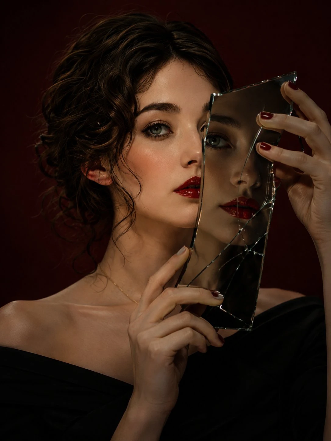 Editorial de belleza de lujo oscuro ultrarrealista con reflejo en el espejo